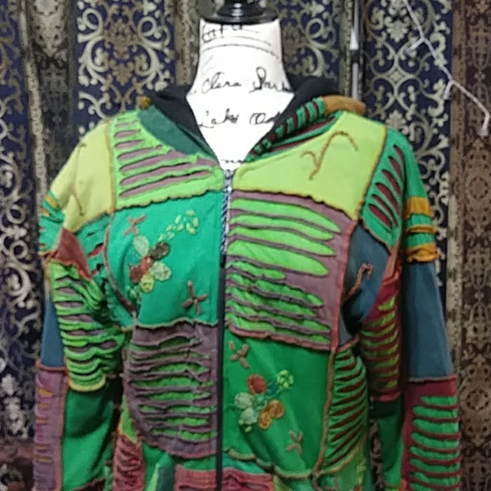 VINTAGE Boho Cutout Hooded Soft Lined Jacket Coat Women's Large Hippie G… - Picture 6 of 8